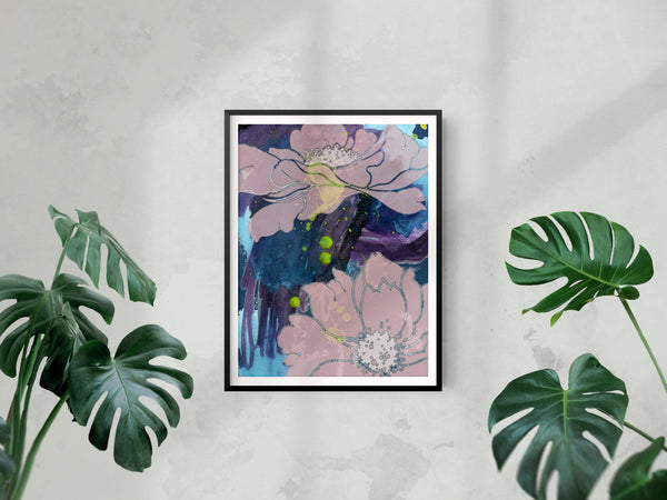 Pink, purple and blue painterly, abstract floral print